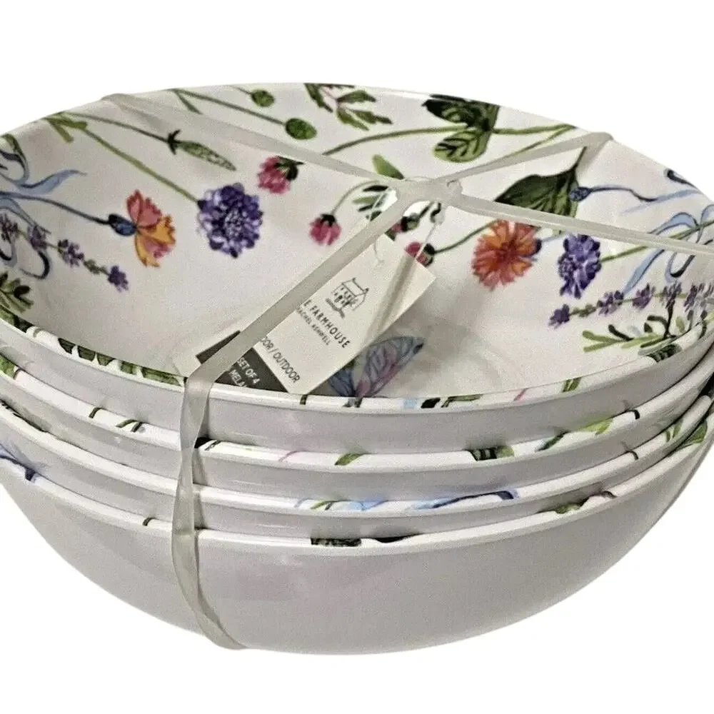 4pc Rachel Ashwell Farmhouse Melamine Spring Floral DRAGONFLY Melamine Bowls New